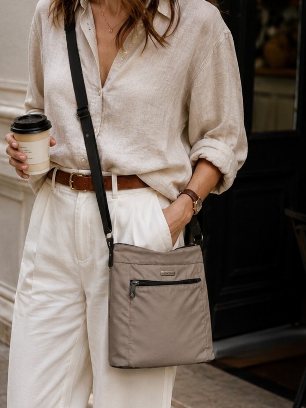 Roots 73 Taupe Crossbody Bag Multi Pocket Lightweight